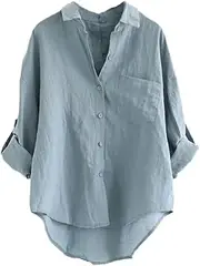 [Minibee] Women's Linen Blouse High Low Shirt Roll-Up Sleeve