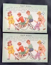 X2 Vintage ‘GET WELL’ Children At Play~Tricycle~Dog Unused Postcards~Ephemera