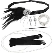 [TOGEVAL] 1920s Flapper Accessories Set for Women Pearl Necklace and Earring Set Fascinator Headband Tea Party Headpiece