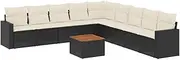 vidaxl 10-pc Outdoor Garden Patio Modular Sofa Set with Cushions - Black Poly Rattan, Acacia Wood Table
