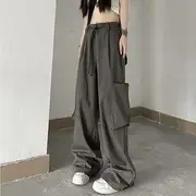 Drawstring High-Waist Straight-Cut Cargo Pants Gray - M