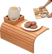 Generic Foldable Bamboo Couch Arm Tray with Cup Holder, Square, Brown, Bamboo, 100%, Non-Slip, Casual, Polished, Drinks, Snacks