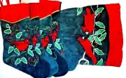 Cardinal Embroidered Velvet Christmas 4 Stockings and Matching Tree Skirt New