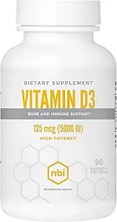 NBI High Potency Vitamin D3 125 mcg (5000 IU) Softgels with Rosemary Extract Antioxidants | Bone, Immunity, Brain and Inflammation Balance Support