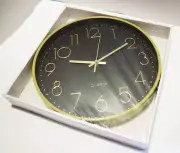 Wall Clock Round 12” Analog Unbranded Black Face Gold Numbers&Hands Green Frame