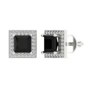2.3 Princess Round Cut Halo Natural Onyx Stud Earrings Real Solid 14k White Gold