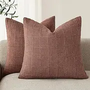 [Foindtower] Set of 2 Decorative Linen Check Throw Pillow Covers Neutral Farmhouse Vintage Cushion Covers Modern Boho Home Decor for Sofa Chair Couch Bedroom Living Room Outdoor,24×24 Inch,Autumnal Red