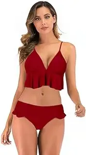 [Generic] Tankini Bathing Suit for Women Two Pieces Swimsuit Tummy Control Ruffle Swimwear Top with Bikini Bottom