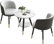 Living Room Table and Chair Set – Marble Coffee Table with Light Grey-Brown and White Leather Chairs– Modern 2-Seater for Living Room, Balcony, and Café Décor – Table Diameter: 60cm / 23.6"