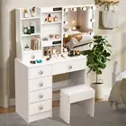 Modern Dressing Table Vanity Stool LED Lighted Sliding Mirror With 6 Drawers