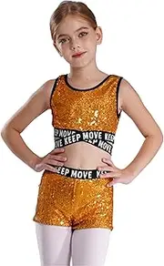 [Miutii] Kids Girls Dance Tank Tops Gymnastics Leotard Tracksuit Sparkling Sequins Sleeveless with Shorts 2 Pieces Sets