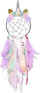 Unicorn Dream Catcher, Braided Wind Chimes, Wall Hanging Decoration, Room Decor with Colorful Feathers and Flowersr, for Girls Kids Nursery Bedroom （20 * 75 CM）