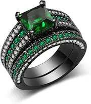 [ALeGuLu] Vintage Stackable Rings Black Gold Plated Blue Emerald Cubic Zirconia Jewelry Ring for Women Teen Girls Size 5-10,Green,10