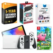 Nintendo Switch White OLED + Kirby and the Forgotten Land + Surge Starter Kit