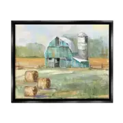 Contemporary Blue Farm Barn Hay Bails Empty Field, Design by Sally Swatland