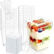 50 Pcs Dessert Cups, 150ml/5oz Mini Clear Plastic Cups with Lids & Spoons, Small Reusable Dessert Cups, Washable Clear Dessert Cups for Dessert Muffins Cupcake Pudding Mousse Party