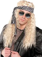 Poisonous Mens 1980s Blonde Rock Star Costume Wig and Bandanna