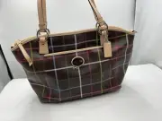 Coach Peyton Tattersall Leather Tote F24390 Shoulder Handbag Purse Brown Plaid