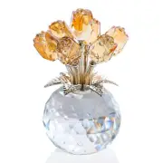 Crystal Gold Roses Figurine with Vase Glass Roses Bouquet Collectible Decor G...