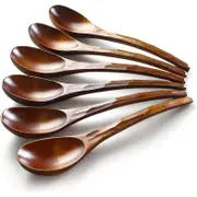 Wooden Spoons, 6-Pack Japanese Nanmu Long Handle Turtle Shell Pattern Handmade Spoon Rice Dessert Ramen Chocolate Cereal Cooking and Eating Table Spoon Kitchen Restaurant Utensils