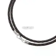 14" Sterling Silver 3mm Round Braid Black / Brown Genuine Leather Cord Necklace