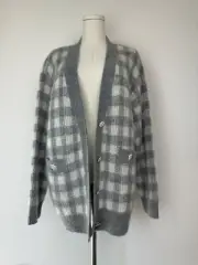 Sandro Checkered Jacquard Cardigan Light Grey Sz 3