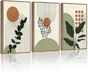 [PHOPAGO] Boho Plant Wall Art Green Botanical Bohemain Framed Wall Printing 11x14in Abstract Canvas Prints with Leaf & Sun Lines - Natural Framed