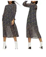 TOPSHOP Floral Midi Dress NWT Chiffon Blue Pink Yellow Balloon Long Sleeve 6