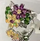 Opal, Magenta Rhodolite,Chrome Diopside, White Topaz Rhodium O/ Sterling Ring 9