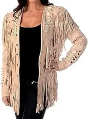 [KAAZEE] Women's Native American Indians Western Wear CowgirlJacket, Beads Bone Fringe Leather Jacket Coat Women Cream, Medium