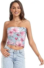 [RPLIFE] Pink Cherry Blossom Flowers Tube Top Womens Strapless Top, Sheer Tube Tops, Sexy Tube Tops (S)