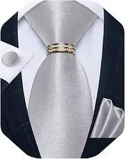 [DiBanGu] Mens Tie Set Silk Necktie and Gold Tie Ring Pocket Square Cufflinks Formal Business Wedding Ties with Gift Box, Silver
