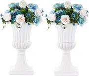 NUPTIO 2 Pcs Classic Urn Planter, 19.7 inch Tall Large Plastic Outdoor Urns Planters, Pedestal Flower vases Plant Pot, Resin Grecian Plants pots for Garden Porch Front Door, White