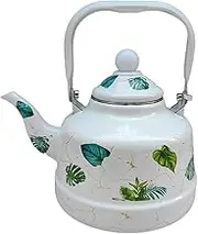 OFFSCH Vintage Enamel Tea Pot Capacity Enameled Water Kettle with Leaf Pattern Scalding Handle Convenient for Gas and Induction Cookers Retro Teapot for Use
