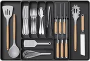 Lifewit Silverware Organizer for Kitchen Drawers, Expandable Utensil Tray with Removable Knife Block, Adjustable Cutlery and Flatware Holder, Plastic Spoon Forks Holder Storage Divider, Large, Black