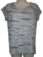 Chico's Grey Lace Yoke Cap Sleeve Stretchy Top Shirt Tee Size 1 NEW WITH TAGS!