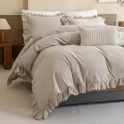 [QSH] 100% Cotton Queen Duvet Cover Set Ruffle Duvet Cover Linen Textured Farmhouse Shabby Vintage Chic Bedding Comforter Cover 3 PCs Aesthetic French Country Queen Bed Set