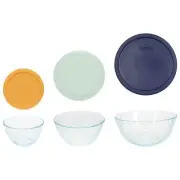 Pyrex 7401, 7402, 7403 Sculpted Mixing Bowls w/ Yellow, Green, and Blue Lids