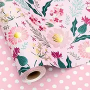 Reversible Floral Wrapping Paper Roll-Mini Roll-Shiny Gold Foil Flower,Pink
