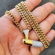 SIMULATED DIAMOND GOLD PLATED BRASS PILL CHARM & 18" ~ 24" CUBAN CHAIN NECKLACE