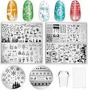 Whaline 8 Pieces Christmas Nail Art Plates Santa Reindeer Snowflake Image Stamp Templates Stamping Kit - 6 Manicure Stencils Tool Set with 1 Polish Stamper and 1 Scraper by Salon Designs