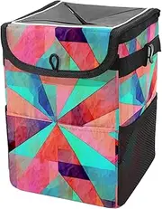 Car Trash Can with Lid and Storage Pockets Leak-Proof Organizer,Multipurpose Trash Bin for Car,Colorful Stripes Watercolor