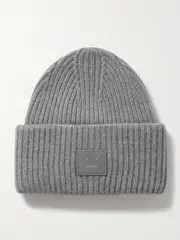 [Acne Studios] Acne Studios - Appliquéd Ribbed Wool Beanie - Gray - One size One size Gray