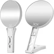 Magnifying Mirror 30X/5X Double Sided Hand Mirror,Precision Makeup at 30X Magnification & Overall View at 5X，Travel Handheld Magnified Makeup Mirror with Handle & Table Stand, Vanity Cosmetic Mirror