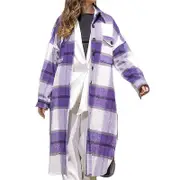 Nevenka Womens Lapel Plaid Wool Blend Coat Long Jacket-Purple