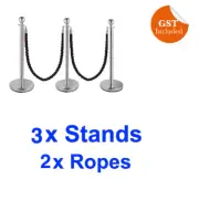 3 Silver Queue Barriers Stand 2 Twisted Ropes Crowd Control Bollards Bollard