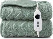 Dreamaker Luxury Faux Fur Electric Heated Throw Blanket 200x180cm Heating Rug Reversible Coral Fleece Plush Snuggle Overheat Protection LED Display 9 Heat Settings Detachable Controller - Leaf