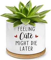 PWHINGN Feeling Cute Might Die Later Pot- Ceramic Engraved Succulent Aloe Cactus Planter Pot, Funny Indoor Plant Pots with Bamboo Tray for Mom Grandma Teacher Gifts(Plant Not Included)