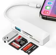 4-in-1 Lightning to SD Card Reader for iPhone, USB OTG Adapter & SD/TF/MS Memory Card Reader for iPhone, Support SD/TF/MS Cards Trail Camera Viewer for iPhone 14 13 12 11 XS XR X 8 iPad, Plug and Play