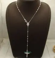 3mm 24" Diamond Cut Ball Bead Rosary Cross Chain Necklace Real Sterling Silver